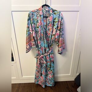 Natori Private Luxuries porcelain kimono robe large blue bird chinoiserie